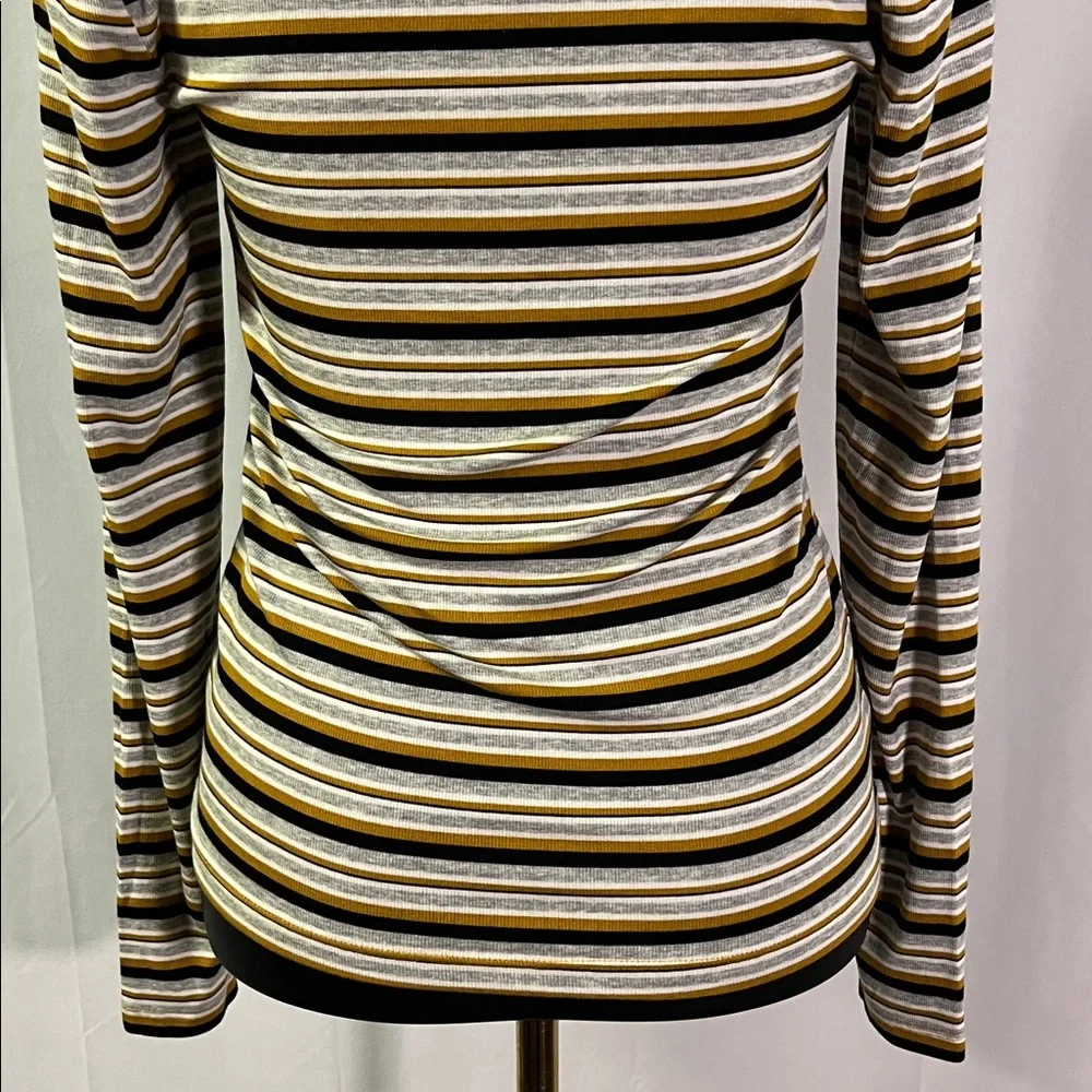 NWT LOFT Mustard Yellow Black & Gray Striped Long Sleeve Round Neck Top